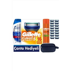 Gillette, Fusion Start 16 Yedek Tıraş Bıçağı - Gillette Fusion 200 ml Jel +300 ML Şampuan+ Çanta