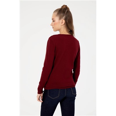 Kadın Bordo V - Yaka  Basic Kazak