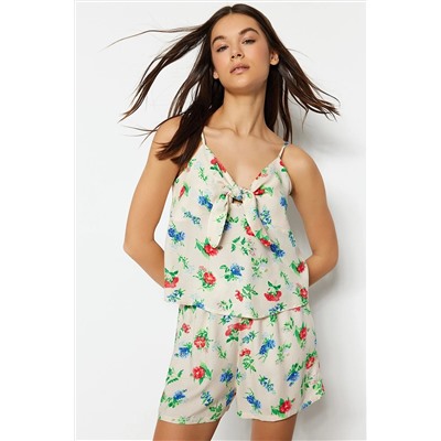 TRENDYOLMİLLA Çok Renkli Çiçekli Fiyonk Detaylı Atlet-Şort Dokuma Pijama Takımı THMSS23PT00184