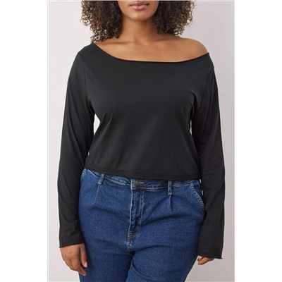 Siyah-Beyaz 2'li Paket %100 Pamuk Asimetrik Kayık Yaka Crop Örme T-Shirt TBBAW26BF00001