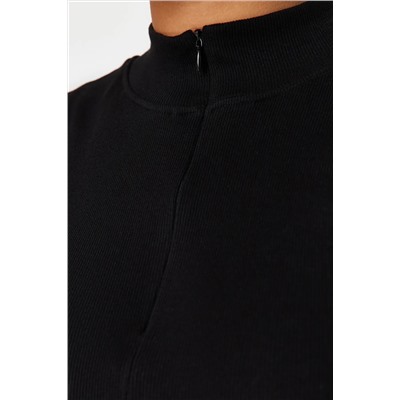 Siyah Fermuarlı %100 Pamuk Fitilli Kaşkorse Örme Büyük Beden Bluz TBBSS24AF00040