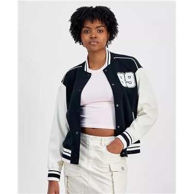 HIPPIE ROSE Juniors' Faux-Leather-Sleeve Snap-Front Varsity Bomber Jacket