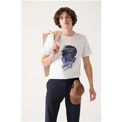 Avva Erkek Beyaz %100 Pamuk Bisiklet Yaka Baskılı Comfort Fit Rahat Kesim T-shirt A31y1183 A31Y1183