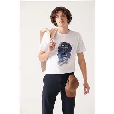 Avva Erkek Beyaz %100 Pamuk Bisiklet Yaka Baskılı Comfort Fit Rahat Kesim T-shirt A31y1183 A31Y1183