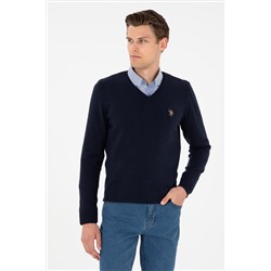 Erkek Slim Fit V Yaka Lacivert Basic Kazak