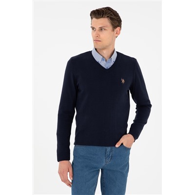 Erkek Slim Fit V Yaka Lacivert Basic Kazak