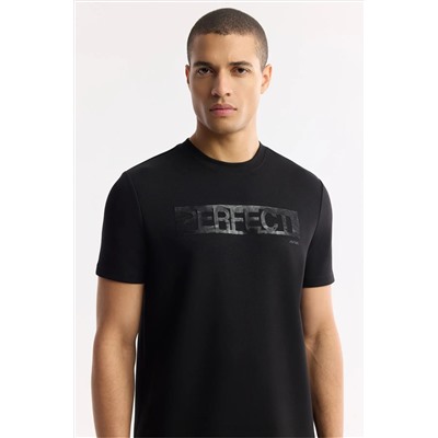 Avva, Erkek Siyah Bisiklet Yaka Baskılı Bi Stretch Interlok T-shirt A51y1044