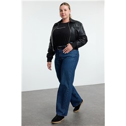 Trendyol Curve Koyu Mavi Yüksek Bel Soluk Efekt Vintage Yıkama Geniş Paça Büyük Beden Wide Leg Jeans TBBSS24CJ00042