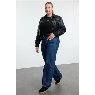 Trendyol Curve Koyu Mavi Yüksek Bel Soluk Efekt Vintage Yıkama Geniş Paça Büyük Beden Wide Leg Jeans TBBSS24CJ00042