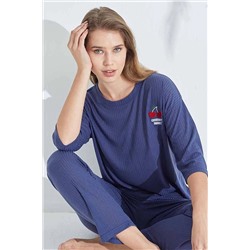 Siyah İnci lacivert Soft Touch İnce Örme Nakışlı Pijama Takım 7626