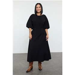 Trendyol Curve Siyah Dokulu Balon Kol Midi Dokuma Büyük Beden Elbise TBBAW25AH00093