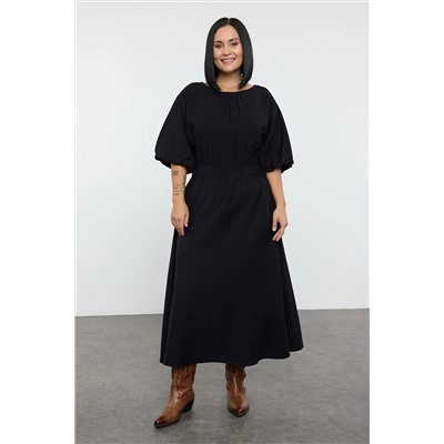 Trendyol Curve Siyah Dokulu Balon Kol Midi Dokuma Büyük Beden Elbise TBBAW25AH00093