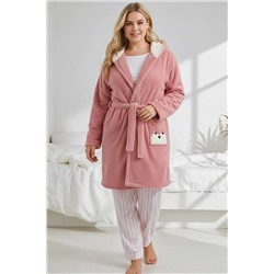 Pudra Wellsoft/Peluş Hayvan Figürlü Cepli Kapüşonlu Örme Sabahlık TBBAW24SB00013