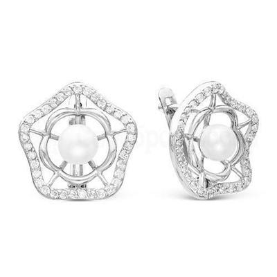 Серьги из серебра с жемчугом и фианитами родированные 925 пробы 2-1069р