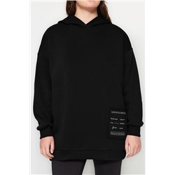 Siyah Kapüşonlu Slogan Detaylı İçi Polar Kalın Örme Sweatshirt TBBAW24AO00018