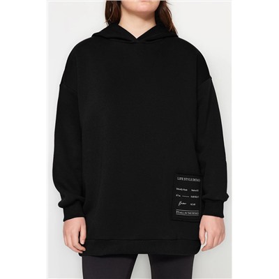 Siyah Kapüşonlu Slogan Detaylı İçi Polar Kalın Örme Sweatshirt TBBAW24AO00018