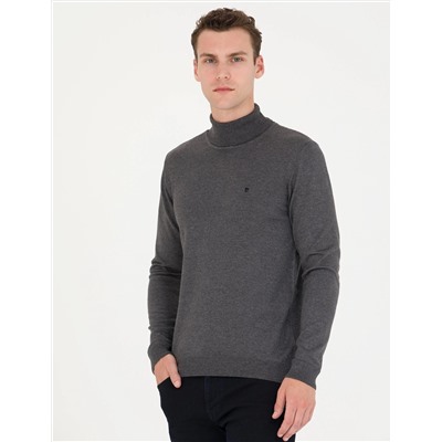 Gri Melanj Slim Fit Balıkçı Yaka Basic Triko Kazak