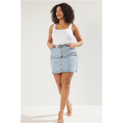 Açık Mavi Yüksek Bel A Shape Denim Etek TBBAW23AZ00042