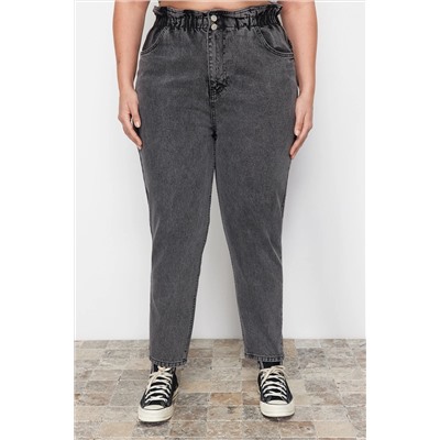 Gri Yüksek Bel Beli Lastikli Büyük Beden Mom Jeans TBBAW23JE00002