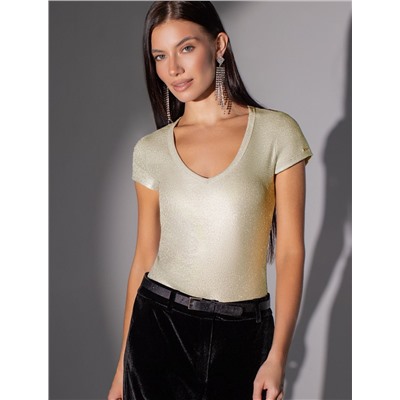 Футболка облегающая из хлопка в рубчик с V вырезом и матовым покрытием металлик