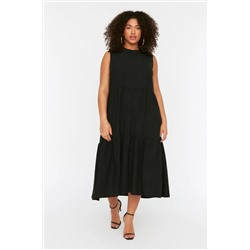 Siyah Shift/Düz Kesim Dik Yaka Midi Dokuma Elbise TBBSS22EL1593
