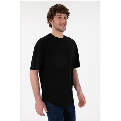 Erkek Long Fit Bisiklet Yaka Siyah Basic Tişört