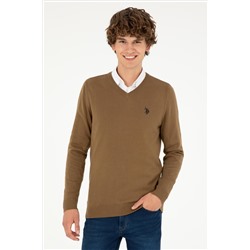 Erkek Slim Fit V Yaka Haki Melanj Basic Kazak