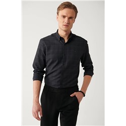 Avva Erkek Siyah Düğmeli Yaka Pamuklu Ekose Desenli Slim Fit Gömlek A32Y2123
