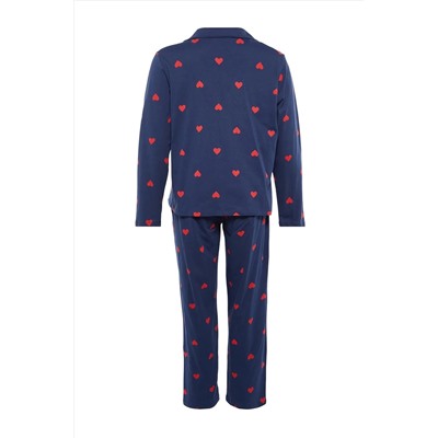 Lacivert Kalpli Gömlek Yaka Örme Pijama Takımı TBBAW23AI00019