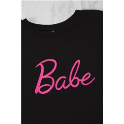 Siyah Regular Fit Slogan Baskılı Kısa Kol Örme Büyük Beden Eşofman Takımı TBBSS25CP00005