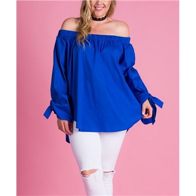 Royal Blue Tie-Sleeve Off-Shoulder Top - Plus
