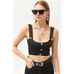 Olalook, Kadın Siyah Düğme Detaylı Askılı Crop Triko Bluz BLZ-19002551