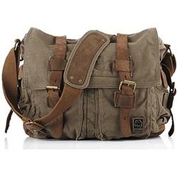 Sechunk Vintage Military Leather Canvas Laptop Bag Messenger Bags Medium