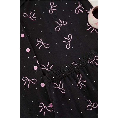 Antrasit Kurdele/Fiyonk Baskılı Gömlek Yaka Örme Pijama Takımı TBBAW23AI00019