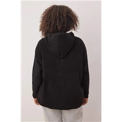 Siyah Kalın Polar Kapüşonlu Oversize/Bol Kesim Büyük Beden Sweatshirt TBBAW25AO00030