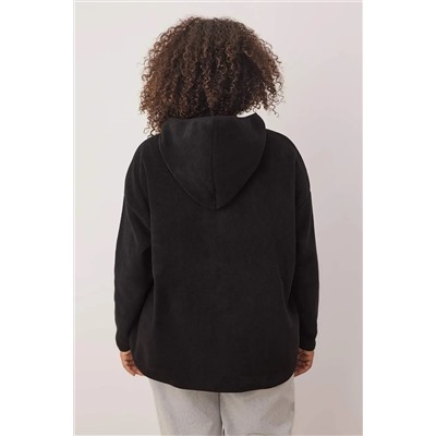 Siyah Kalın Polar Kapüşonlu Oversize/Bol Kesim Büyük Beden Sweatshirt TBBAW25AO00030