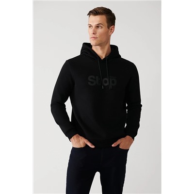 Avva Erkek Siyah Şardonlu Kumaş Kapüşonlu Yaka Baskılı Sweatshirt A32y1295 A32Y1295