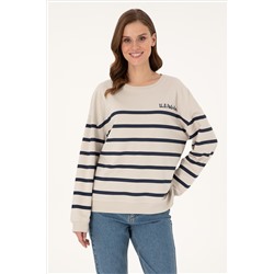 Kadın Taş Çizgili Bisiklet Yaka Sweatshirt
