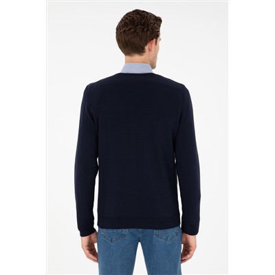 Erkek Slim Fit V Yaka Lacivert Basic Kazak