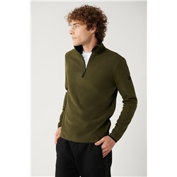 Haki Dik Yaka Soğuğa Dayanıklı Yarım Fermuarlı Regular Fit Standart Kesim Polar Sweatshirt