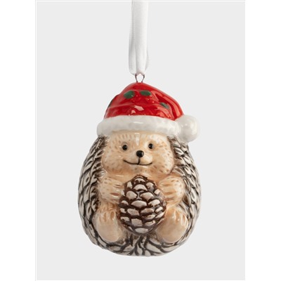 Игрушка елочная, 8 см, керамика, коричневая, Еж с шишкой, New year