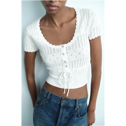 POINTELLE KNIT TOP WITH DRAWSTRING