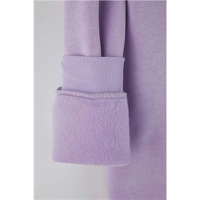 Lila Kapüşonlu Slogan Detaylı İçi Polar Kalın Örme Sweatshirt TBBAW24AO00018