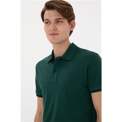 Erkek Slim Fit Polo Yaka Koyu Yeşil Basic Tişört