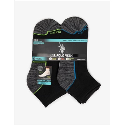 MENS 6PK BLACK TIPPED QUARTER CREW SOCKS