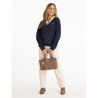 TIPPED CABLE V-NECK SWEATER