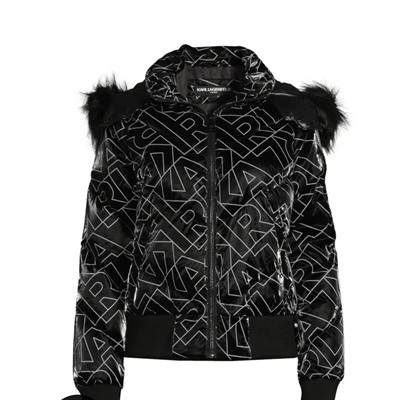 Karl Lagerfeld Paris Logo Faux Fur Trim Hooded Down Jacket