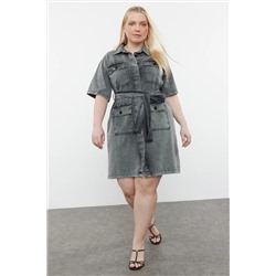 Koyu Mavi Kuşak Detaylı Mini Denim Gömlek Elbise TBBSS24AH00124