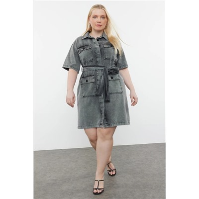 Koyu Mavi Kuşak Detaylı Mini Denim Gömlek Elbise TBBSS24AH00124