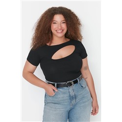 Siyah Fitiili Cut-Out Detaylı Crop Örme Bluz TBBSS22AF00020
